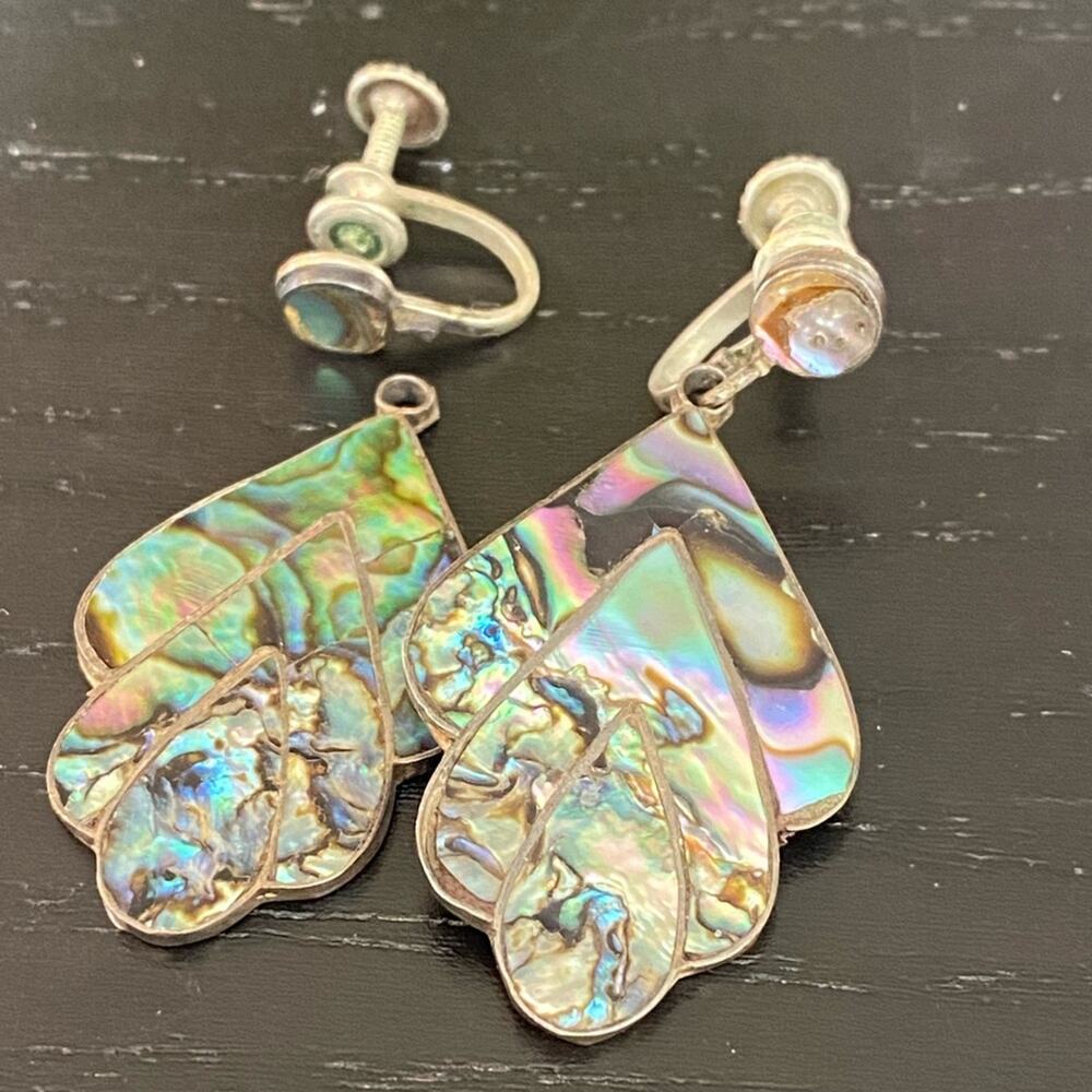 VINTAGE Sterling Mother of Pearl Abalone Drop Earrings BROKEN Piece Mexico